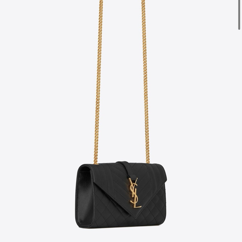 Like New Authentic YSL Envelope Tri-quilt gold on black Grain de Poudre leather - Picture 11 of 14